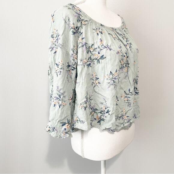American Eagle blue floral poet top bell sleeves size medium coquette boho chic - Picture 2 of 10